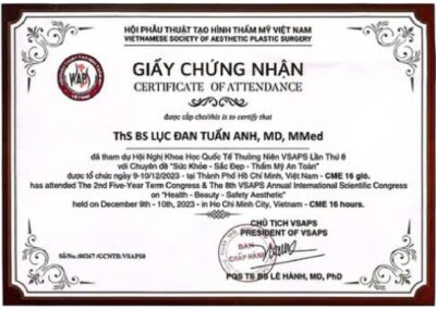 2023 - Giấy chứng nhận tham dự Hội nghị Khoa học Quốc tế Thường niên VSAPS Lần Thứ 8