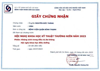2023 - Giấy chứng nhận_ Hội nghị khoa học kỹ thuật thường niên năm 2023 - Phiên_ Kháng sinh trong điều trị đa kháng & Hội nghị khoa học điều dưỡng tại Bệnh viện Nhân dân Gia Định
