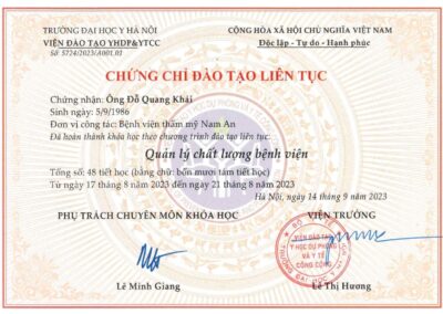 2023 – Chứng chỉ đào tạo liên tục_ Quản lý chất lượng bệnh viện – Viện Đào tạo Y học Dự phòng & Y tế Công cộng, Trường ĐH Y Hà Nội (48 tiết)