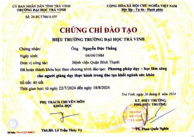 2024 - Chứng chỉ đào tạo_ Khóa học _Phương pháp dạy – học lâm sàng cho người giảng dạy thực hành trong đào tạo khối ngành sức khỏe_ tại Trường Đại học Trà Vinh
