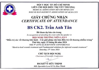2024 - Giấy chứng nhận Hội nghị thường niên lần 9 “Điều trị các vết thương khó lành – Các giải pháp căn bản điều trị vết thương nhiễm trùng”