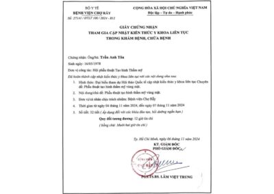 2024 - Giấy chứng nhận cập nhật kiến thức y khoa phẫu thuật tạo hình thẩm mỹ vùng mặt