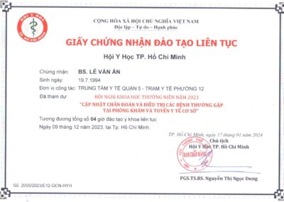 2024 - Giấy chứng nhận đào tạo liên tục _Cập nhật chẩn đoán và điều trị các bệnh thường gặp tại phòng khám và tuyến y tế cơ sở_ - Hội Y Học TP. Hồ Chí Minh