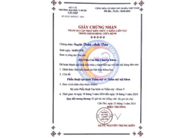 2024 - Giấy chứng nhận tham gia cập nhật kiến thức y khoa liên tục trong khám bệnh, chữa bệnh - Phẫu thuật tạo hình Thẩm mỹ và Thẩm mỹ nội khoa
