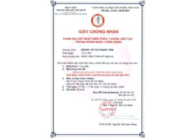 2024 - Giấy chứng nhận tham gia cập nhật kiến thức y khoa liên tục_ Hội nghị khoa học thường niên năm 2024 “Cập nhật kiến thức chuyên ngành Gây mê hồi sức” tại Hội Y Học TP. Hồ Chí