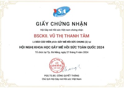 2024 - Giấy chứng nhận_ Báo cáo viên phiên Gây mê hồi sức chung (2) tại Hội nghị khoa học Gây mê hồi sức toàn quốc 2024 tại TP. Đà Nẵng