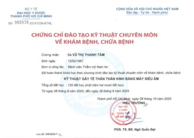 2025 - Chứng chỉ đào tạo kỹ thuật chuyên môn_ Kỹ thuật gây tê thân thần kinh bằng máy siêu âm tại Đại học Y Dược TP. Hồ Chí Minh