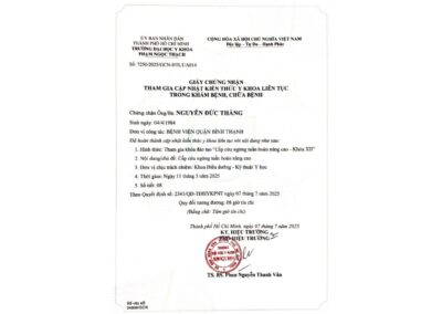 2025 - Giấy chứng nhận tham gia cập nhật kiến thức y khoa liên tục trong khám bệnh, chữa bệnh_ Khóa đào tạo _Cấp cứu ngừng tuần hoàn nâng cao - Khóa XII_ tại Trường Đại học Y khoa Phạm