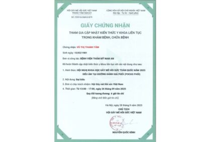 2025 - Giấy chứng nhận tham gia cập nhật kiến thức y khoa liên tục_ Đại biểu Hội nghị khoa học Gây mê hồi sức toàn quốc năm 2025 - Siêu âm tại giường đánh giá phổi (POCUS phổi)
