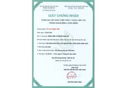 2025 - Giấy chứng nhận tham gia cập nhật kiến thức y khoa liên tục_ Đại biểu Hội nghị khoa học Gây mê hồi sức toàn quốc năm 2025 tại Hội Gây mê Hồi sức Việt Nam