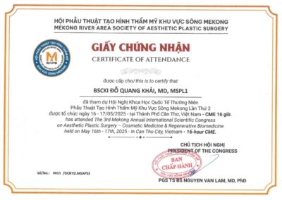 2025 – Giấy chứng nhận hội nghị khoa học quốc tế thường niên phẫu thuật tạo hình thẩm mỹ khu vực sông Mekong lần thứ 13