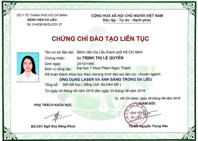 2019 - Chứng Chỉ đào Tạo Liên Tục Ứng Dụng Laser Và ánh Sáng Trong Da Liễu