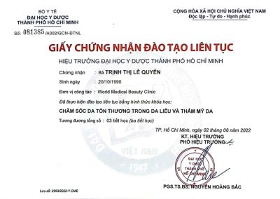 2022 - Giấy Chứng Nhận đào Tạo Liên Tục Chăm Sóc Da Tổn Thương Trong Da Liễu Và Thẩm Mỹ Da