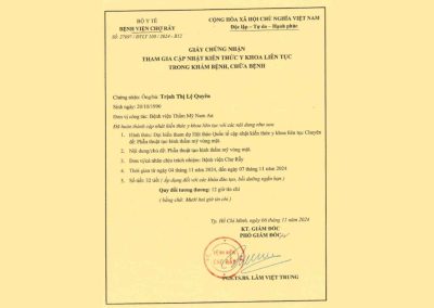 2024 - Giấy Chứng Nhận Tham Gia Cập Nhật Kiến Thức Y Khoa Liên Tục Phẫu Thuật Tạo Hình Thẩm Mỹ Vùng Mặt
